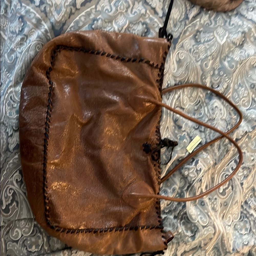 Slouchy Brown Leather Tote with Braided Trim